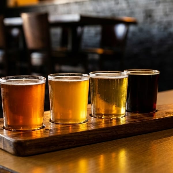 A wooden paddle holds four glasses of beer, ranging from light amber to dark stout, on a wooden table.