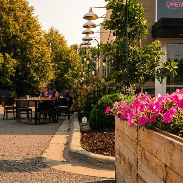 Outdoor patio seating at a restaurant with pink flowers in a wooden planter and people dining.