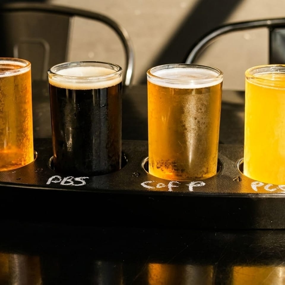 A four-glass beer flight with light and dark beers on a black table.